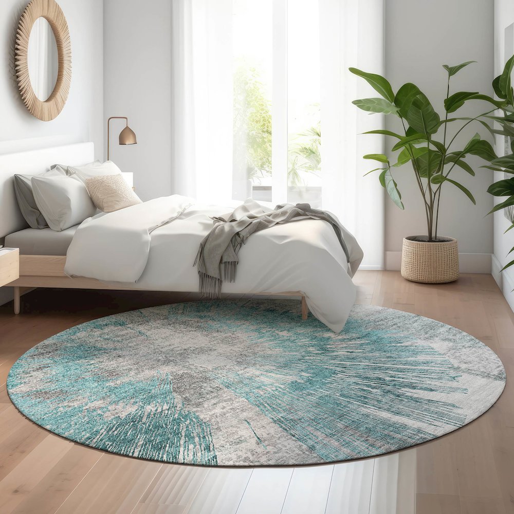 Premium Machine Washable Mayfield AMF773 Teal 8' x 8' Round Rug. Picture 5