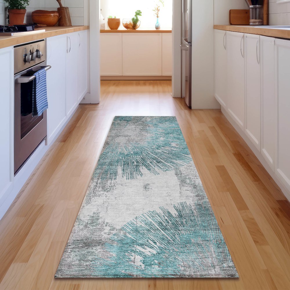 Premium Machine Washable Mayfield AMF773 Teal 2'3" x 7'6" Runner Rug. Picture 5