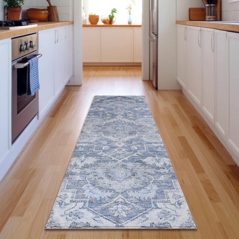 Premium Machine Washable Mayfield AMF774 Denim 2'3" x 7'6" Runner Rug. Picture 5