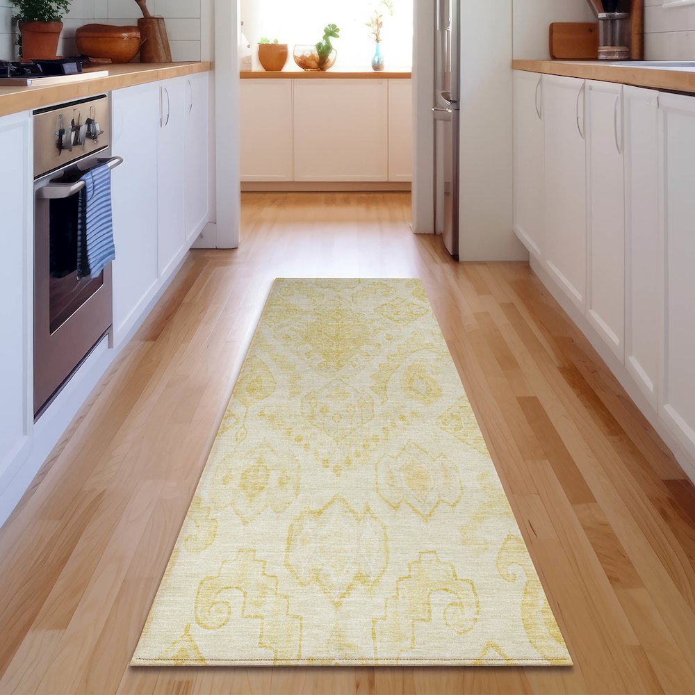 Premium Machine Washable Mayfield AMF776 Gold 2'3" x 7'6" Runner Rug. Picture 5
