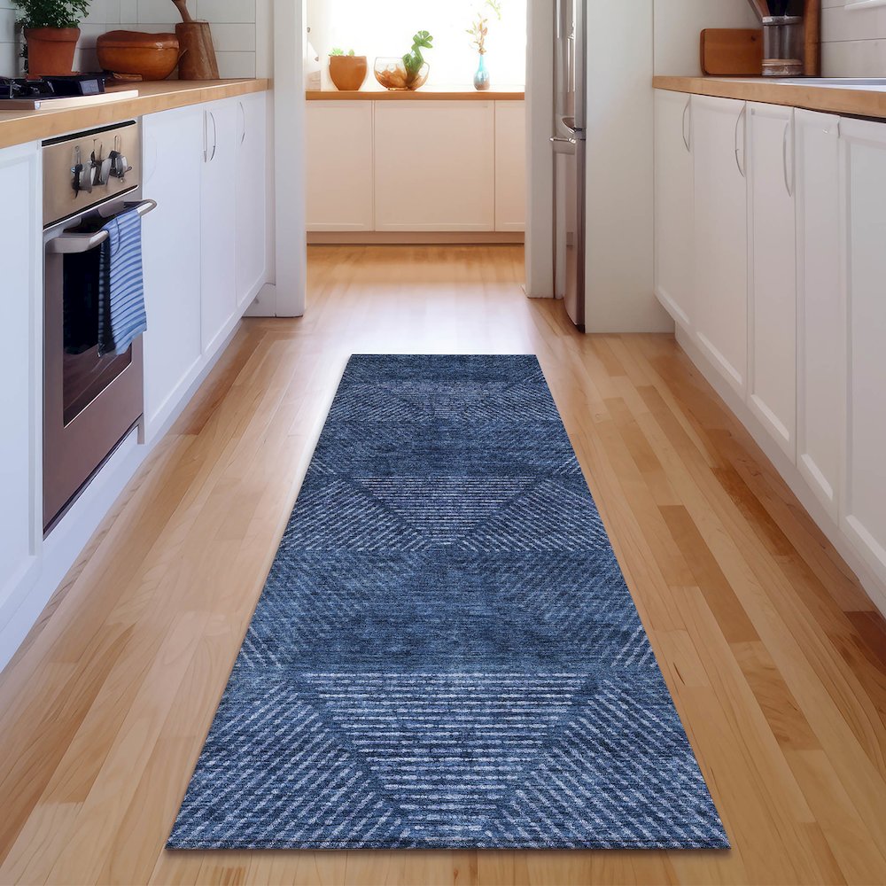 Premium Machine Washable Mayfield AMF777 Navy 2'3" x 7'6" Runner Rug. Picture 5