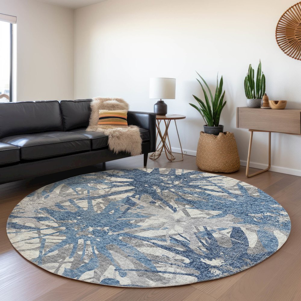 Premium Machine Washable Mayfield  Blue 8' x 8' Round Rug. Picture 5