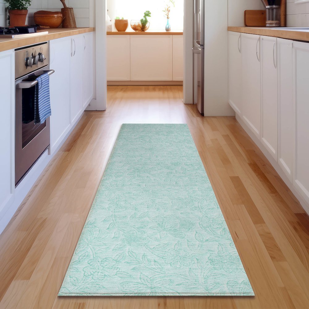 Premium Machine Washable Mayfield AMF782 Teal 2'3" x 7'6" Runner Rug. Picture 5