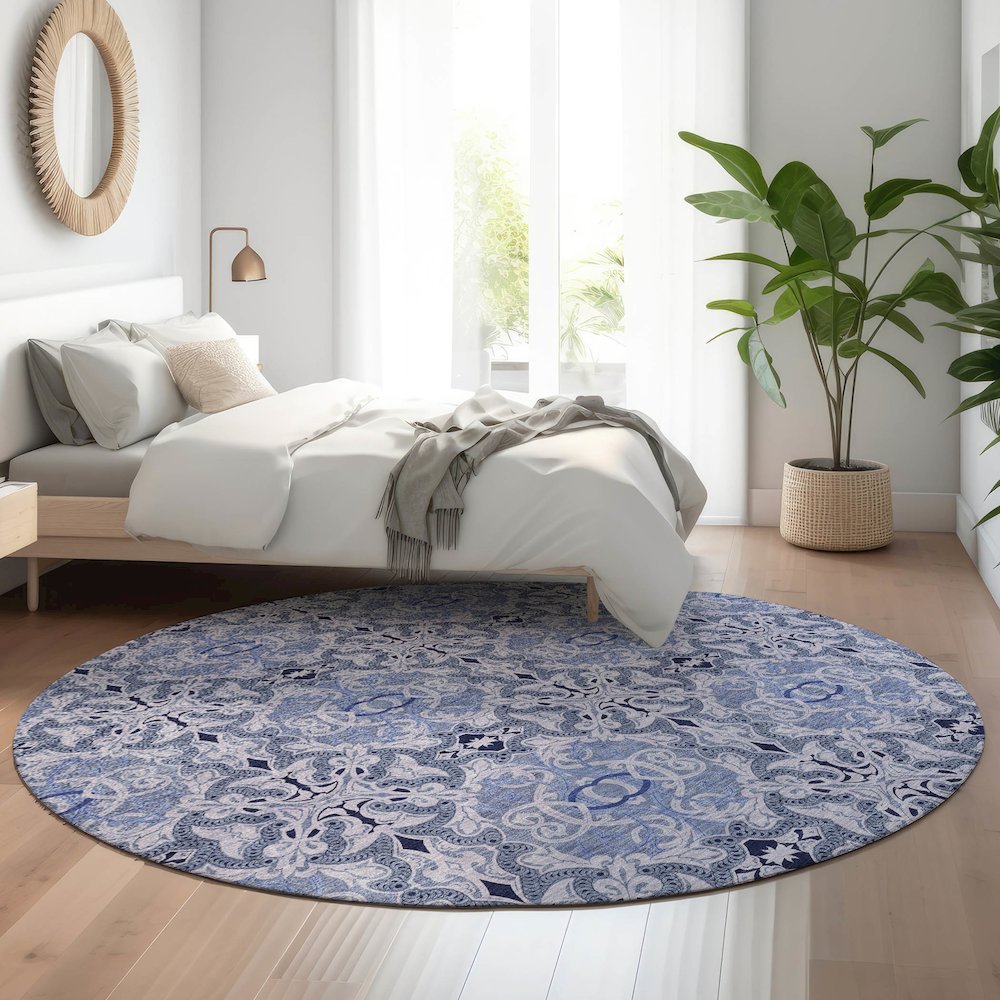 Premium Machine Washable Mayfield AMF783 Blue 8' x 8' Round Rug. Picture 5