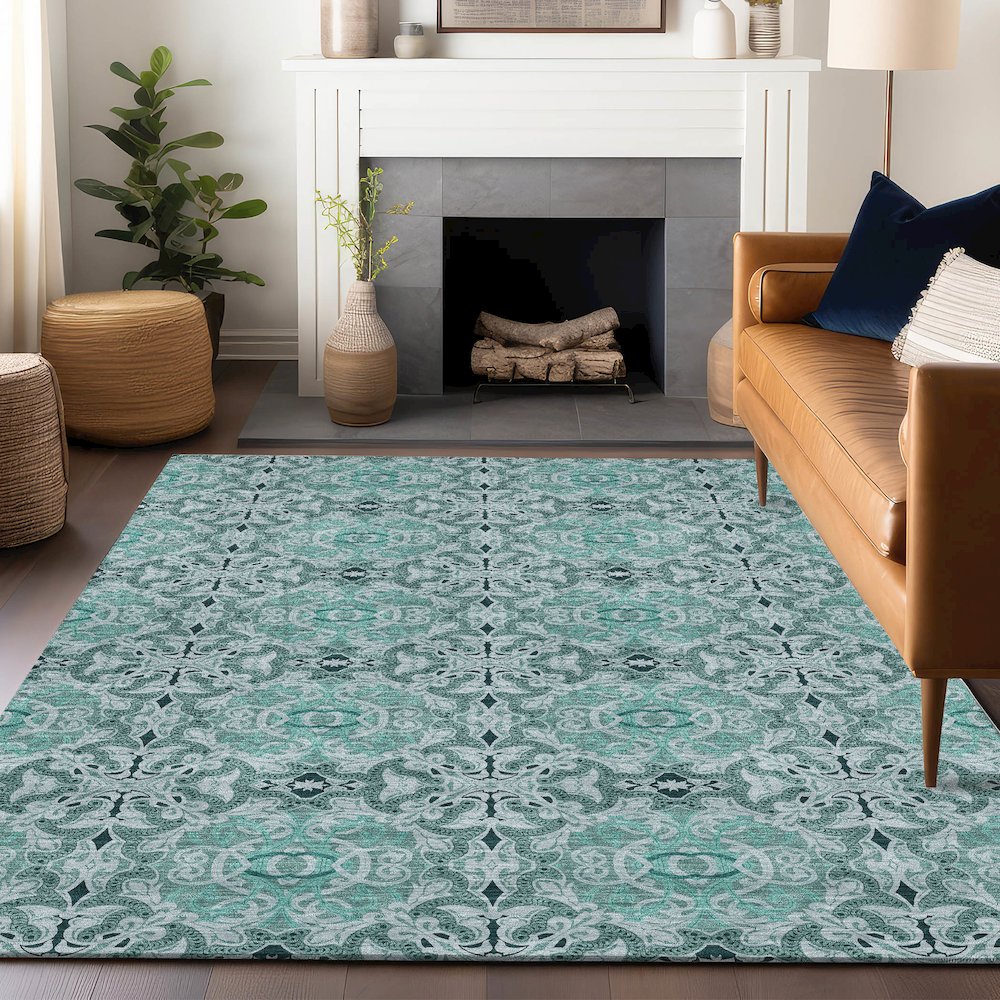 Premium Machine Washable Mayfield AMF783 Teal 2'6" x 3'10" Rug. Picture 6