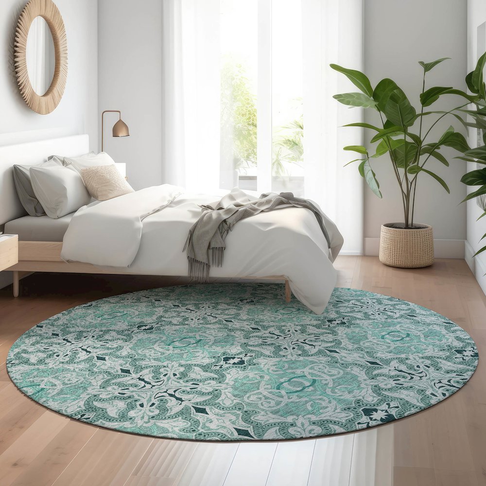 Premium Machine Washable Mayfield AMF783 Teal 8' x 8' Round Rug. Picture 5