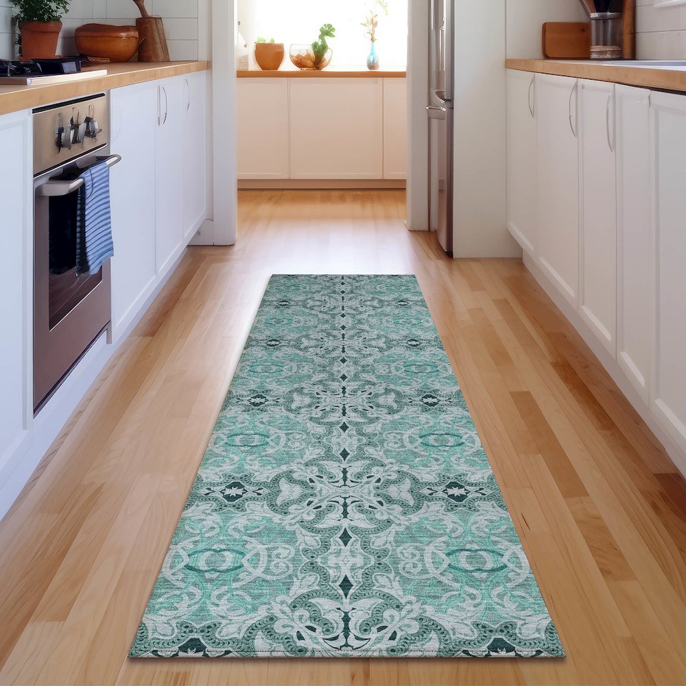 Premium Machine Washable Mayfield AMF783 Teal 2'3" x 7'6" Runner Rug. Picture 5