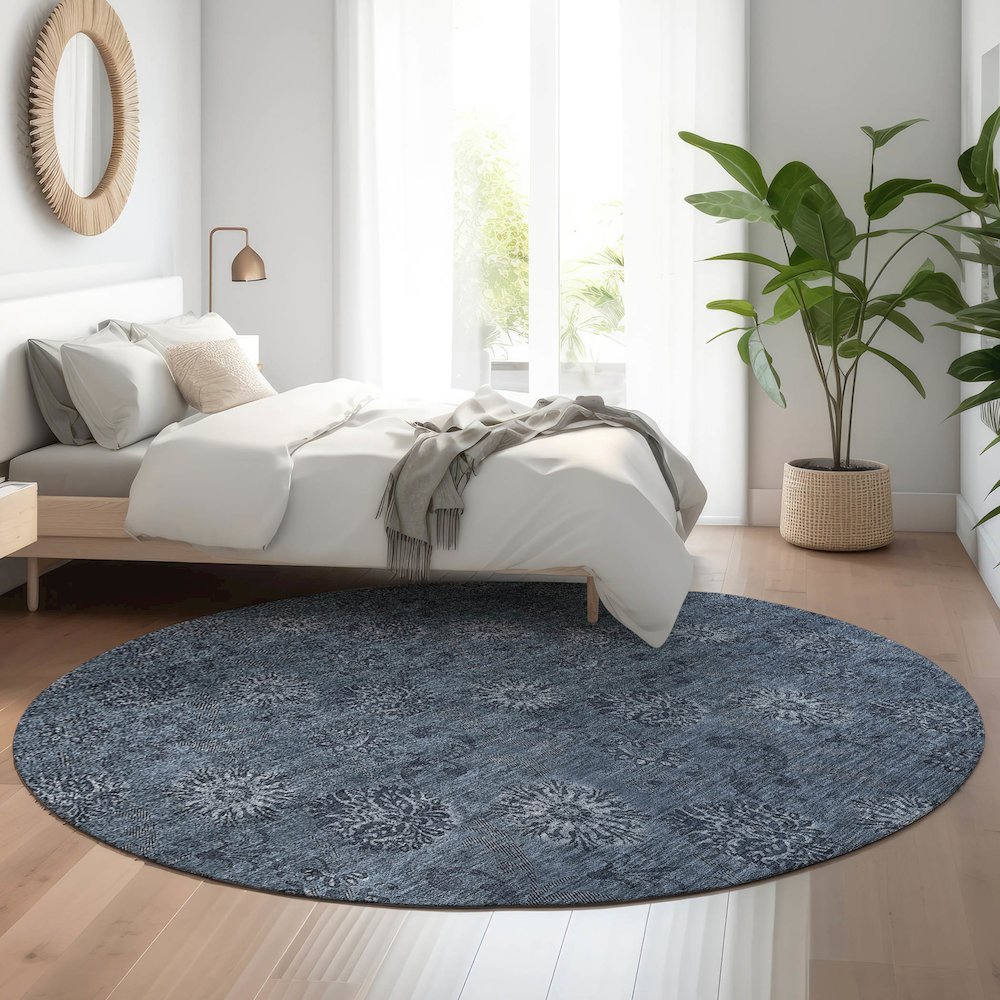 Premium Machine Washable Mayfield AMF788 Blue 8' x 8' Round Rug. Picture 5