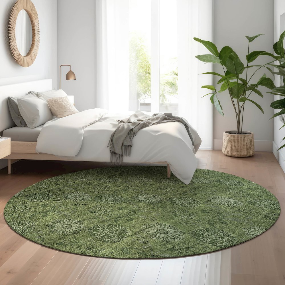 Premium Machine Washable Mayfield AMF788 Olive 8' x 8' Round Rug. Picture 5