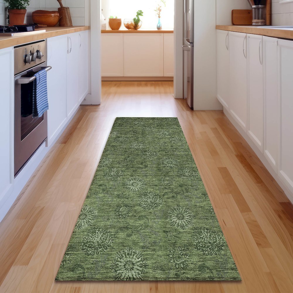 Premium Machine Washable Mayfield AMF788 Olive 2'3" x 7'6" Runner Rug. Picture 5