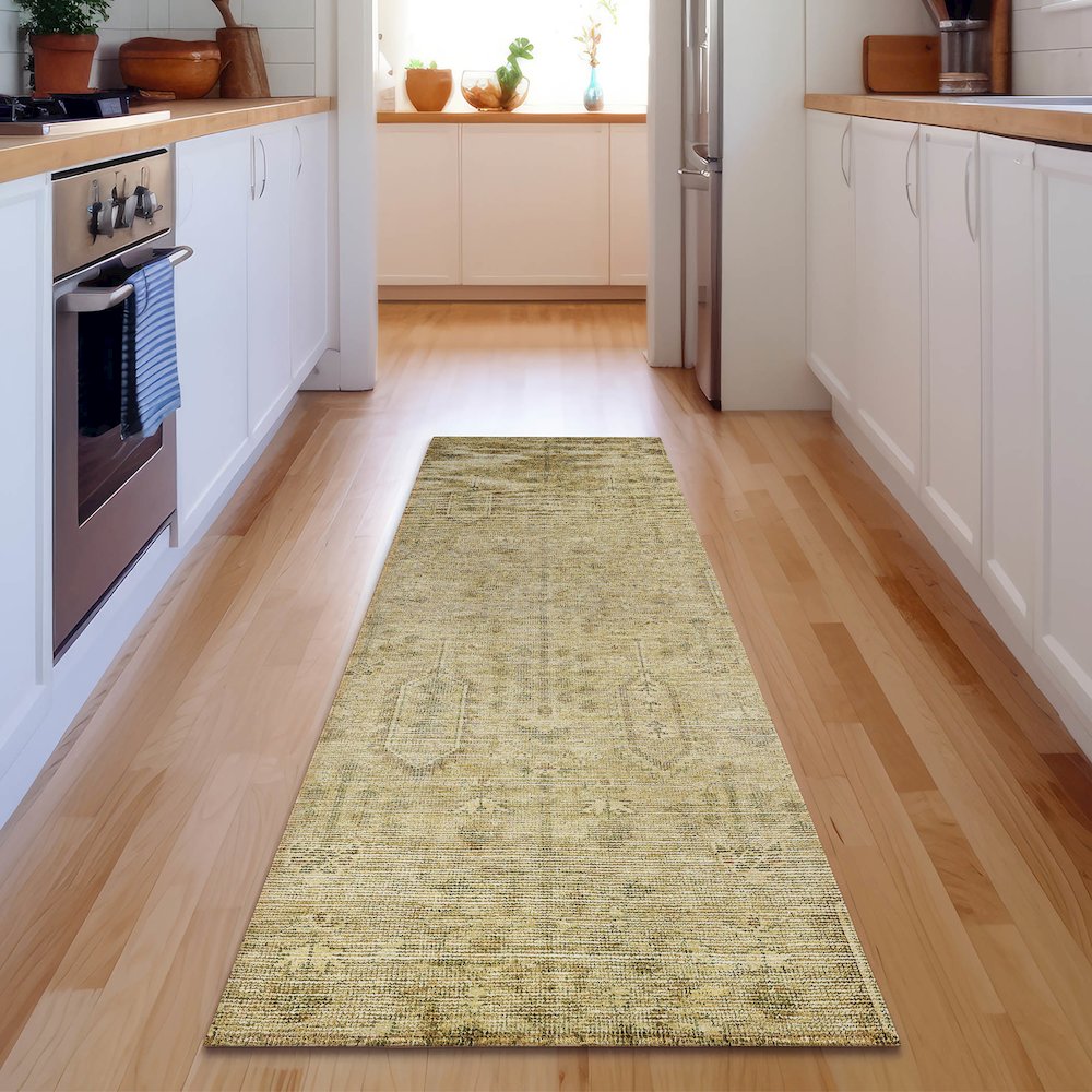 Premium Machine Washable Mayfield AMF790 Gold 2'3" x 7'6" Runner Rug. Picture 5