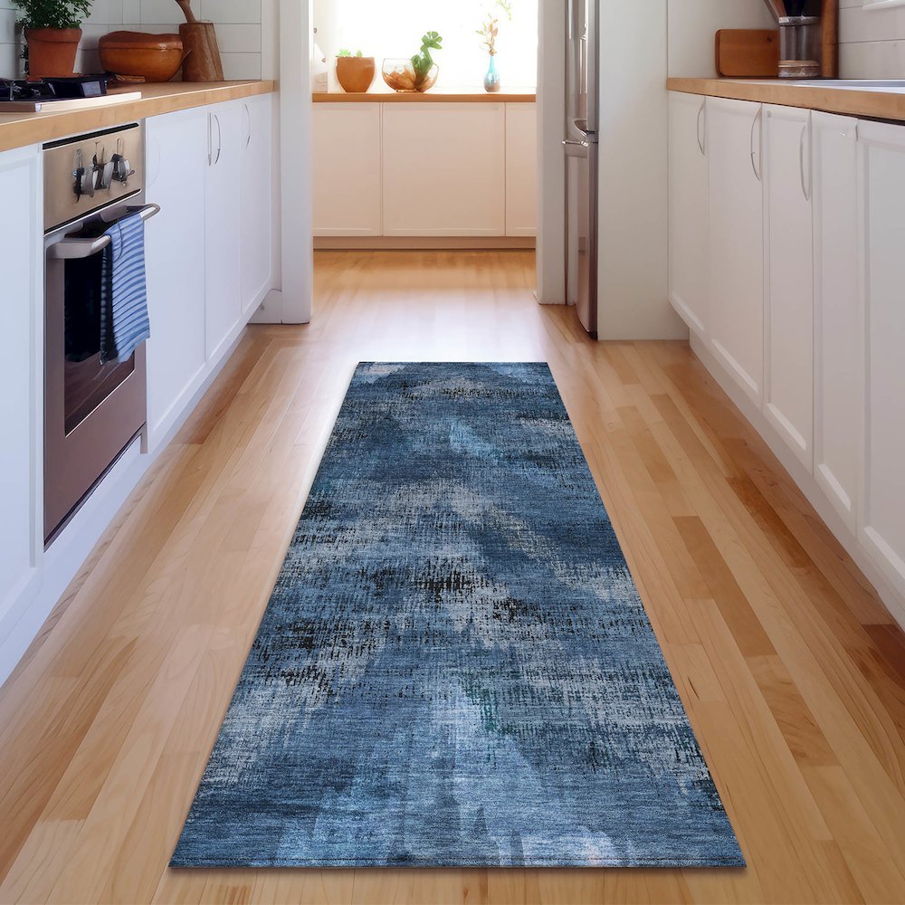 Premium Machine Washable Mayfield AMF792 Blue 2'3" x 7'6" Runner Rug. Picture 5