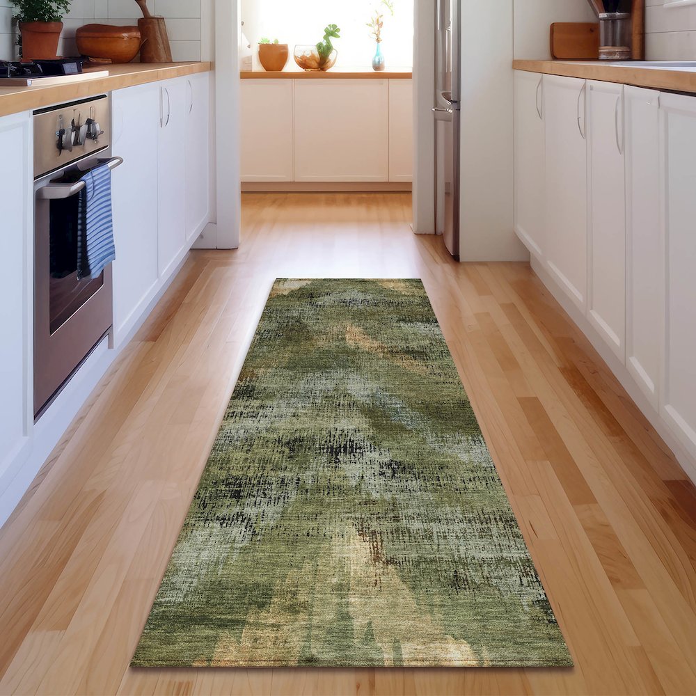 Premium Machine Washable Mayfield AMF792 Olive 2'3" x 7'6" Runner Rug. Picture 5