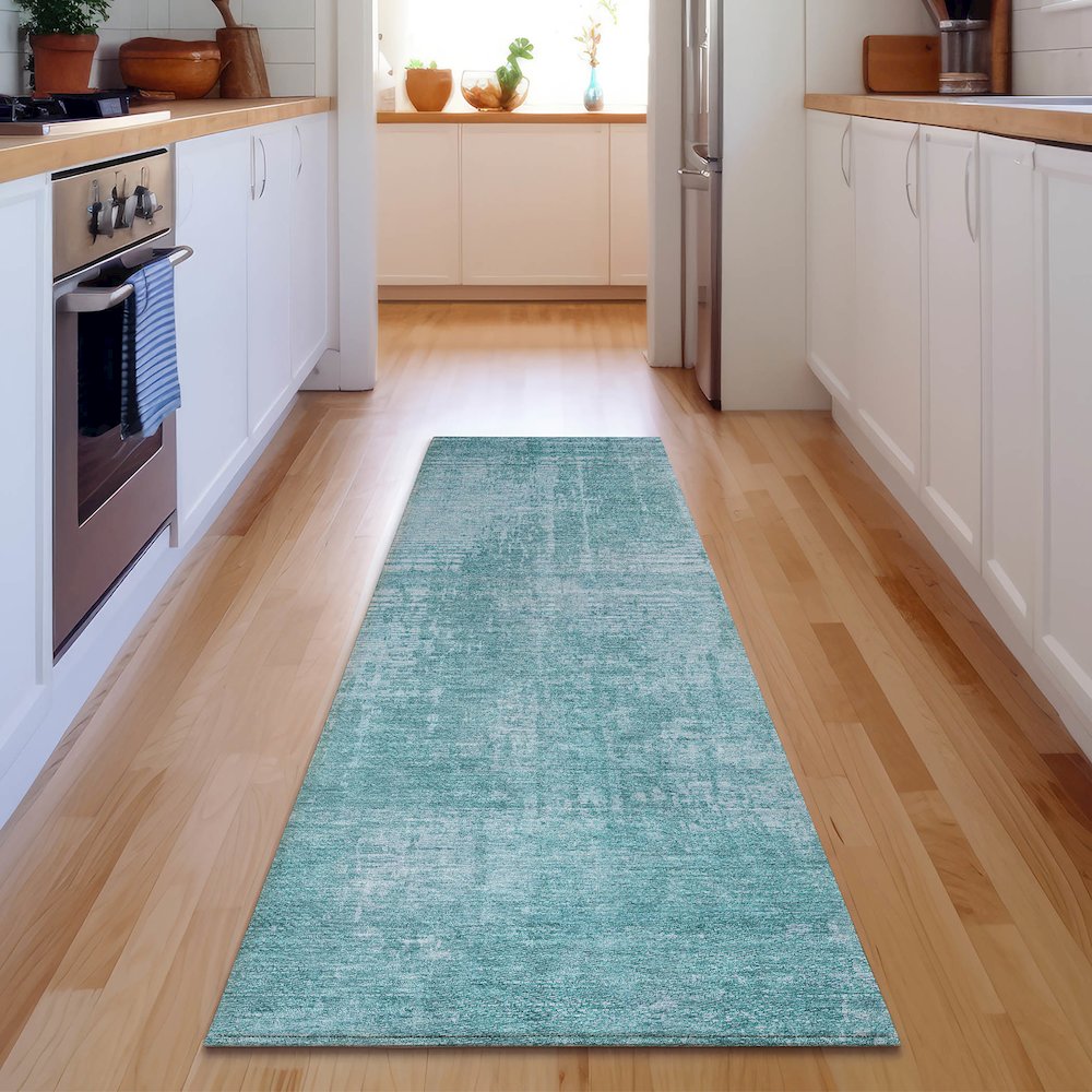 Premium Machine Washable Mayfield AMF796 Aqua 2'3" x 7'6" Runner Rug. Picture 5