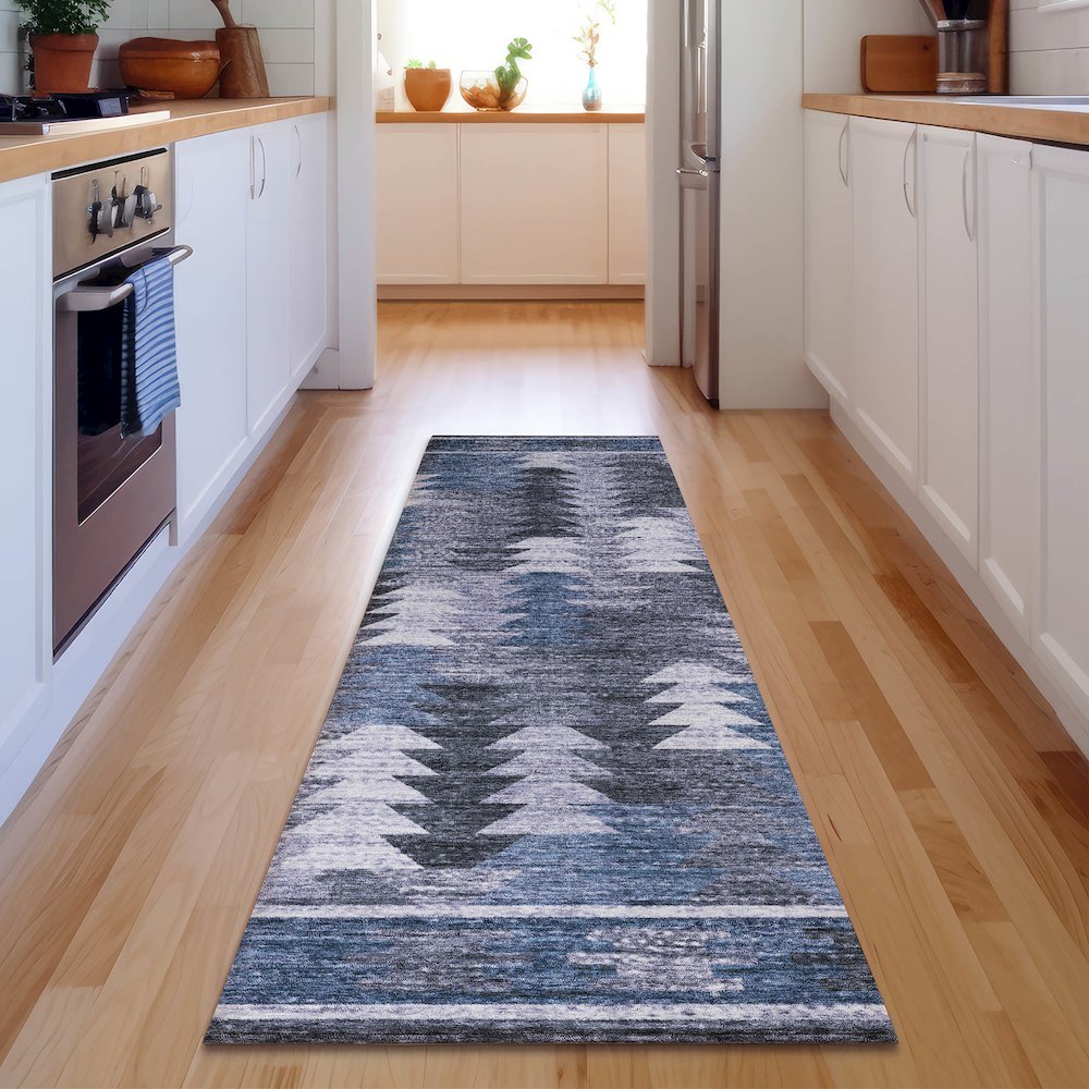 Premium Machine Washable Mayfield AMF798 Blue 2'3" x 7'6" Runner Rug. Picture 5