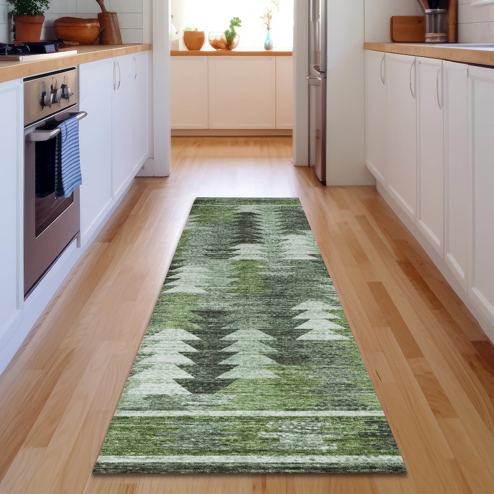 Premium Machine Washable Mayfield AMF798 Olive 2'3" x 7'6" Runner Rug. Picture 5