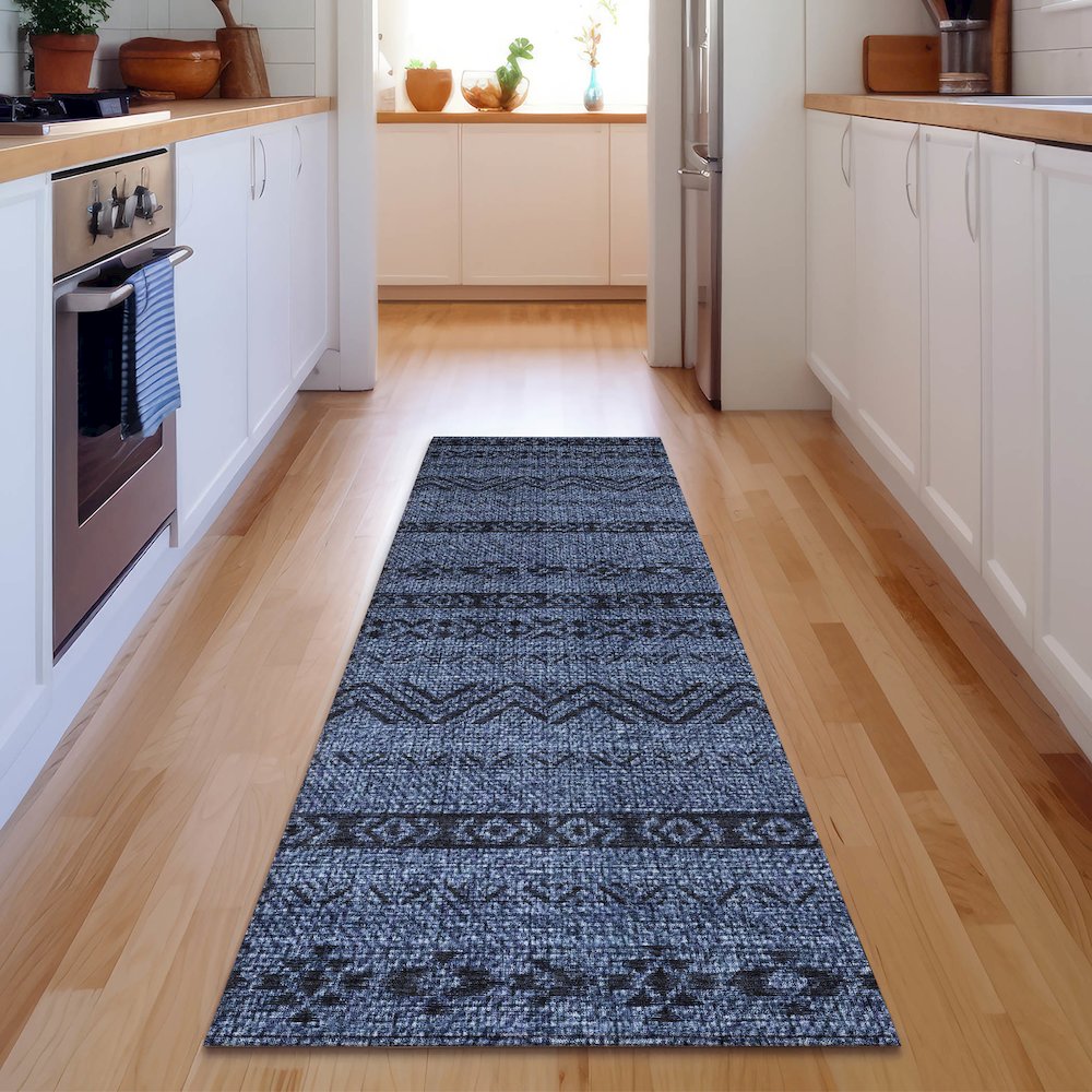 Premium Machine Washable Mayfield AMF803 Navy 2'3" x 7'6" Runner Rug. Picture 5