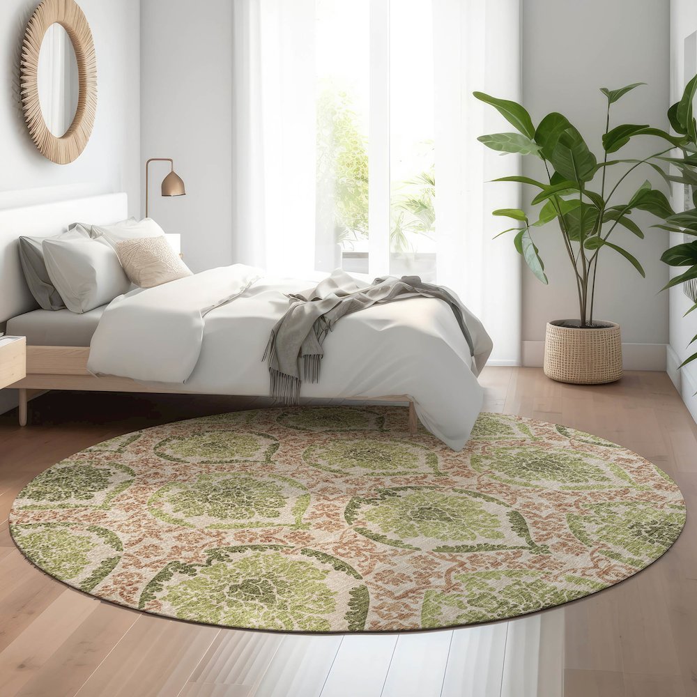 Premium Machine Washable Mayfield AMF811 Olive 8' x 8' Round Rug. Picture 5