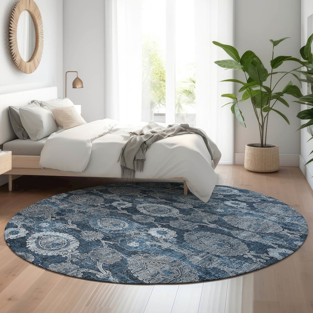 Premium Machine Washable Mayfield AMF821 Navy 8' x 8' Round Rug. Picture 5