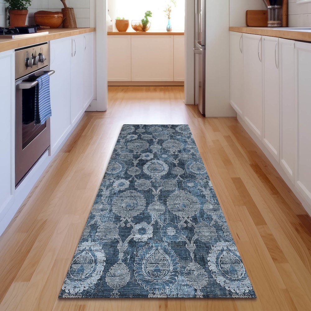 Premium Machine Washable Mayfield AMF821 Navy 2'3" x 7'6" Runner Rug. Picture 5