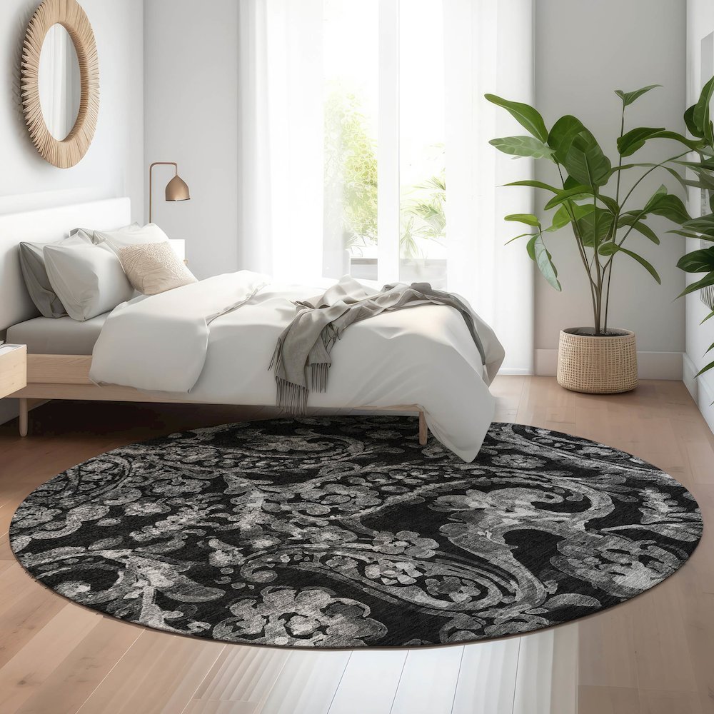 Premium Machine Washable Mayfield AMF835 Black 8' x 8' Round Rug. Picture 5