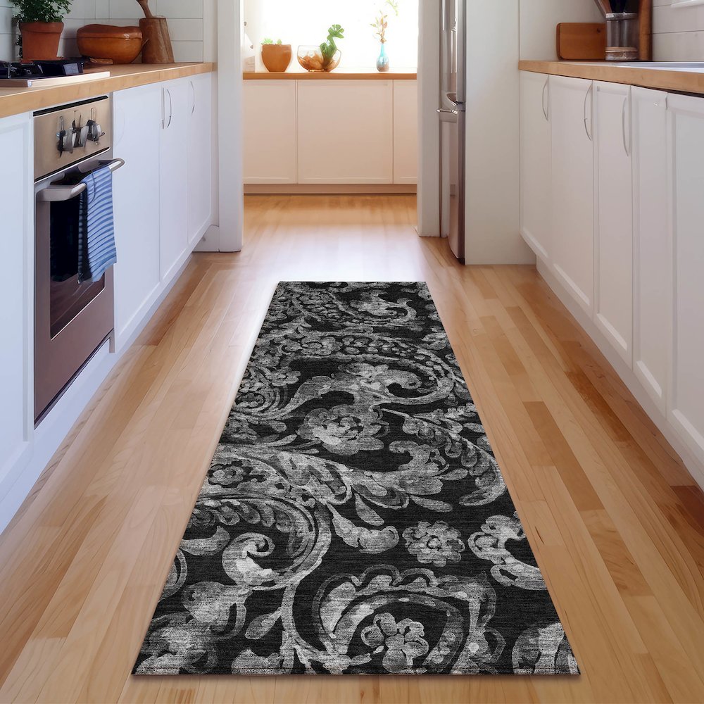 Premium Machine Washable Mayfield AMF835 Black 2'3" x 7'6" Runner Rug. Picture 5
