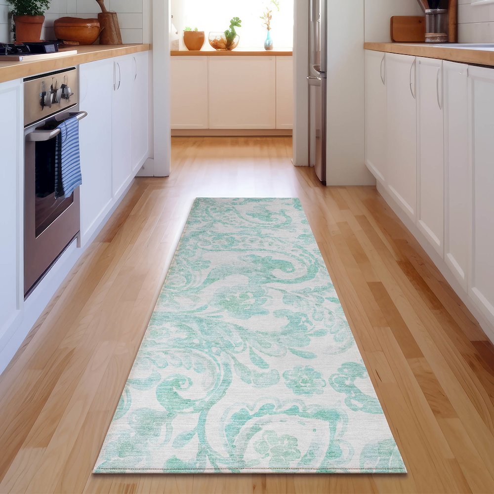 Premium Machine Washable Mayfield AMF835 Turquoise 2'3" x 7'6" Runner Rug. Picture 5
