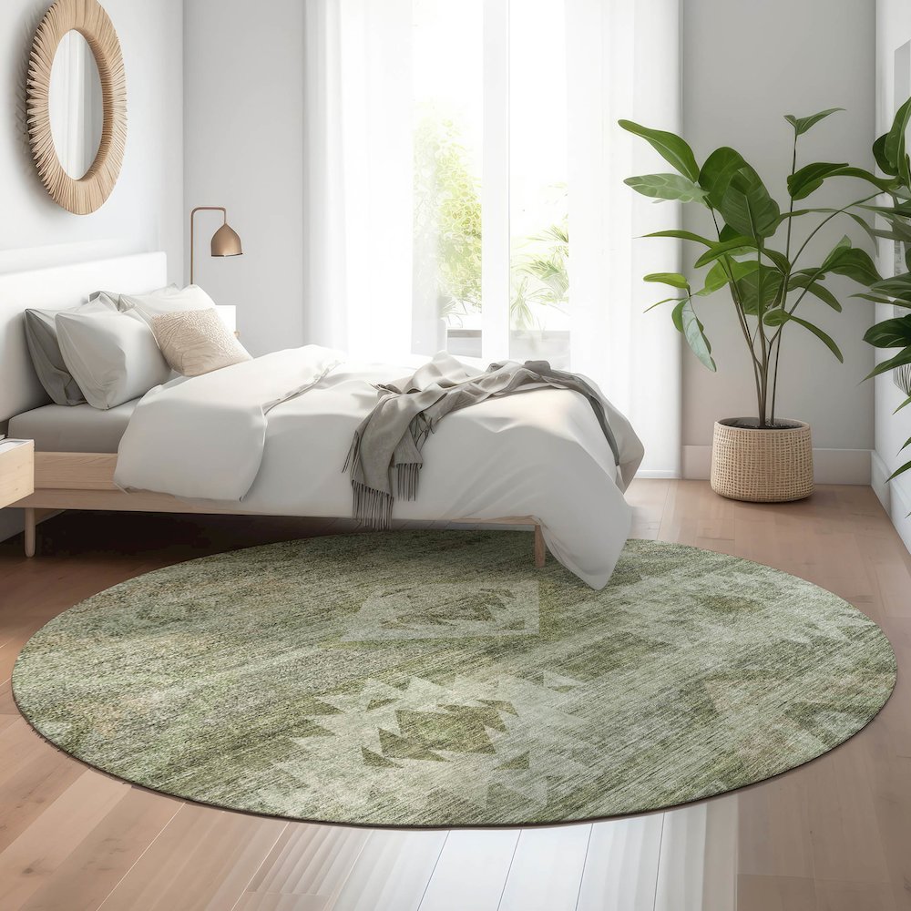 Premium Machine Washable Mayfield AMF837 Olive 8' x 8' Round Rug. Picture 5