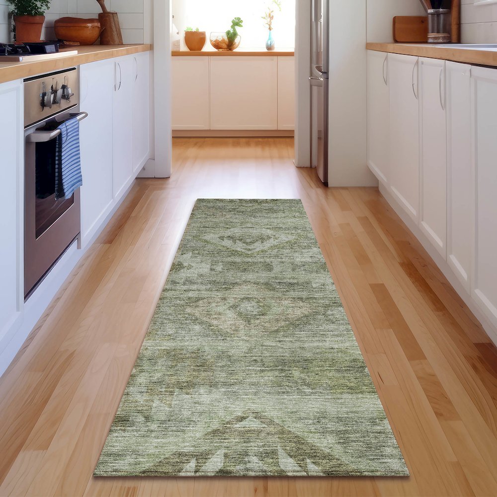 Premium Machine Washable Mayfield AMF837 Olive 2'3" x 7'6" Runner Rug. Picture 5