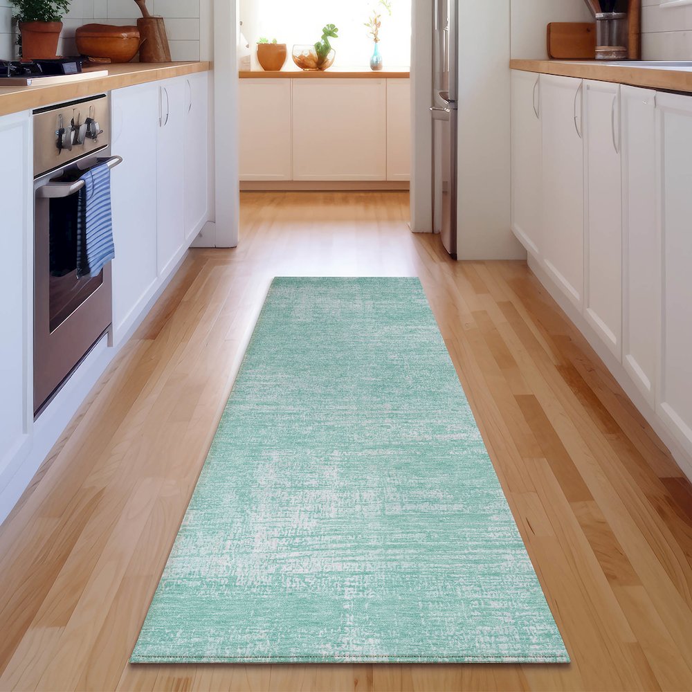 Premium Machine Washable Mayfield AMF839 Turquoise 2'3" x 7'6" Runner Rug. Picture 5