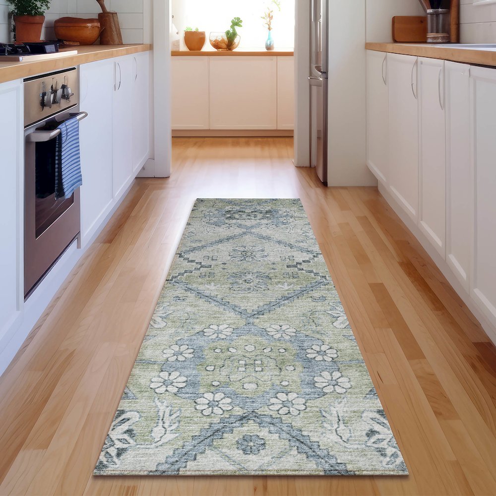 Premium Machine Washable Mayfield AMF841 Aloe 2'3" x 7'6" Runner Rug. Picture 5