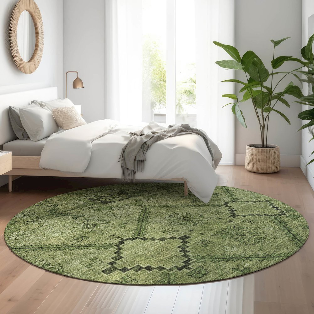 Premium Machine Washable Mayfield AMF842 Olive 8' x 8' Round Rug. Picture 5