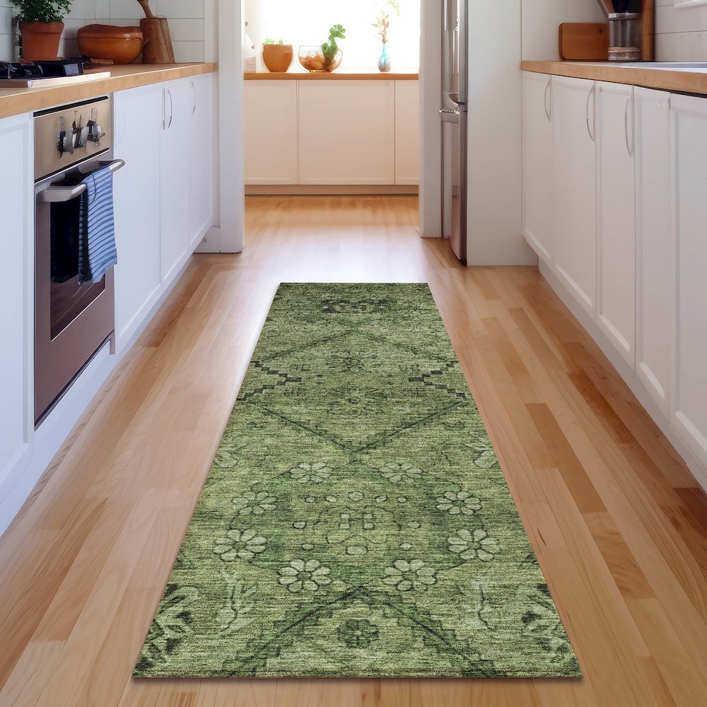 Premium Machine Washable Mayfield AMF842 Olive 2'3" x 7'6" Runner Rug. Picture 5