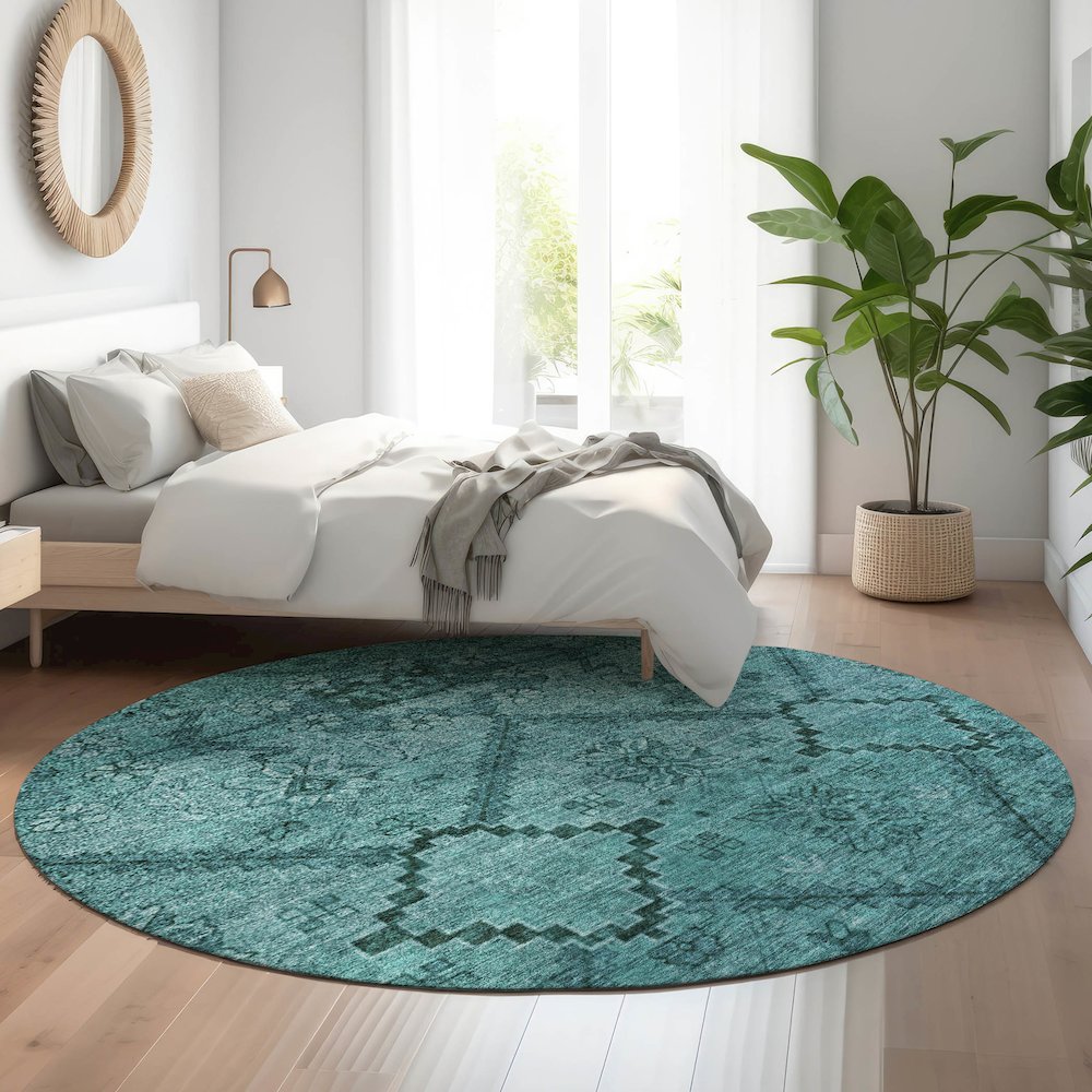 Premium Machine Washable Mayfield AMF842 Teal 8' x 8' Round Rug. Picture 5