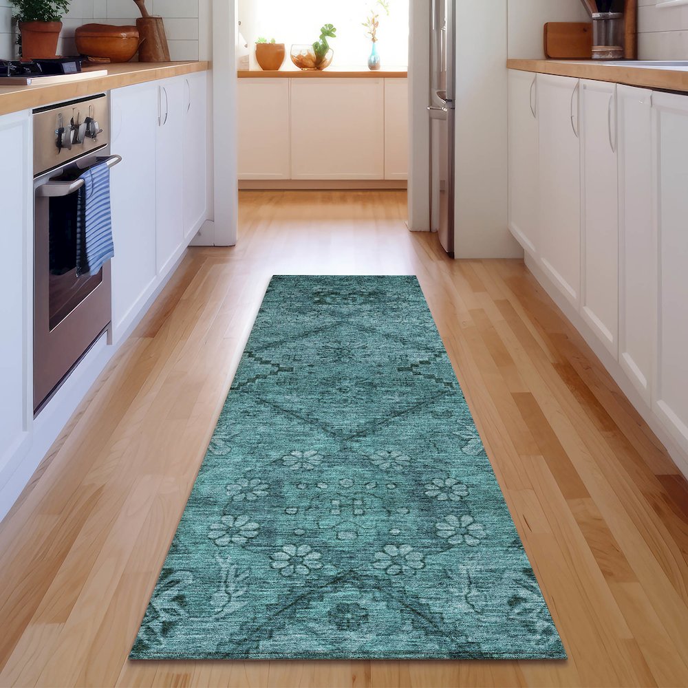 Premium Machine Washable Mayfield AMF842 Teal 2'3" x 7'6" Runner Rug. Picture 5