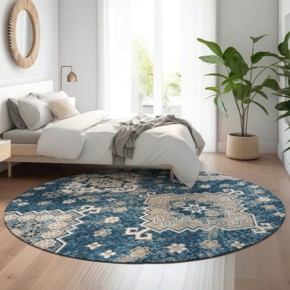 Premium Machine Washable Mayfield AMF846 Navy 8' x 8' Round Rug. Picture 5