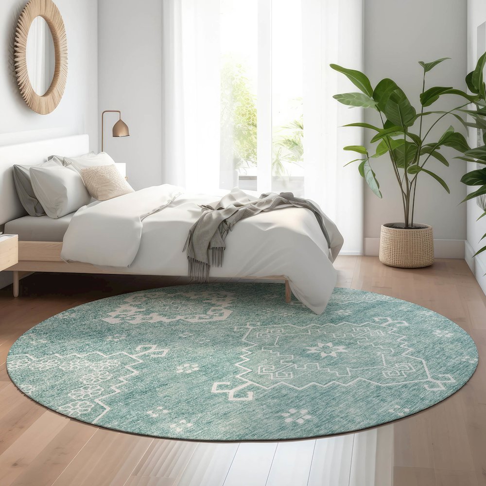 Premium Machine Washable Mayfield AMF847 Aqua 8' x 8' Round Rug. Picture 5