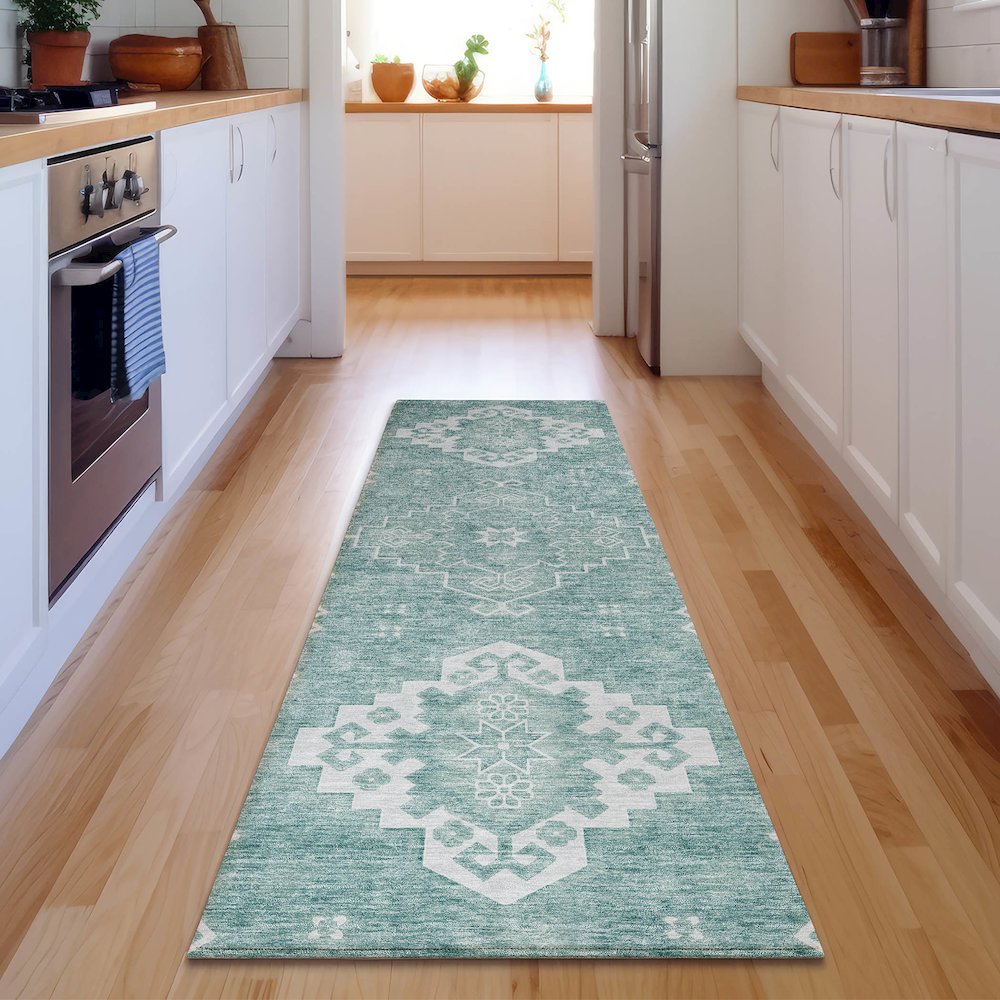 Premium Machine Washable Mayfield AMF847 Aqua 2'3" x 7'6" Runner Rug. Picture 5