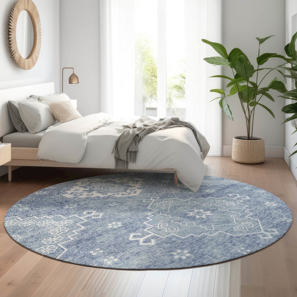 Premium Machine Washable Mayfield AMF847 Blue 8' x 8' Round Rug. Picture 5