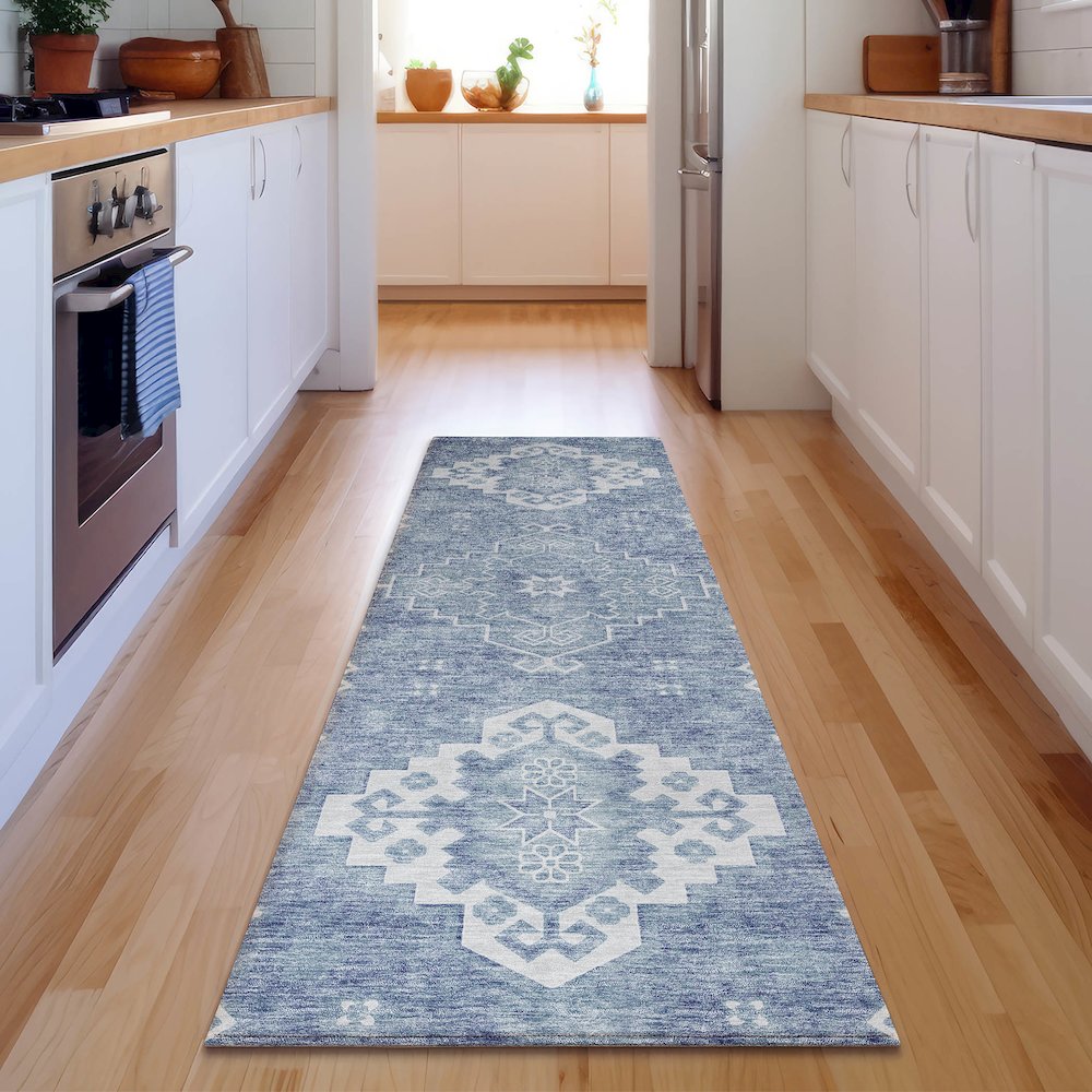Premium Machine Washable Mayfield AMF847 Blue 2'3" x 7'6" Runner Rug. Picture 5
