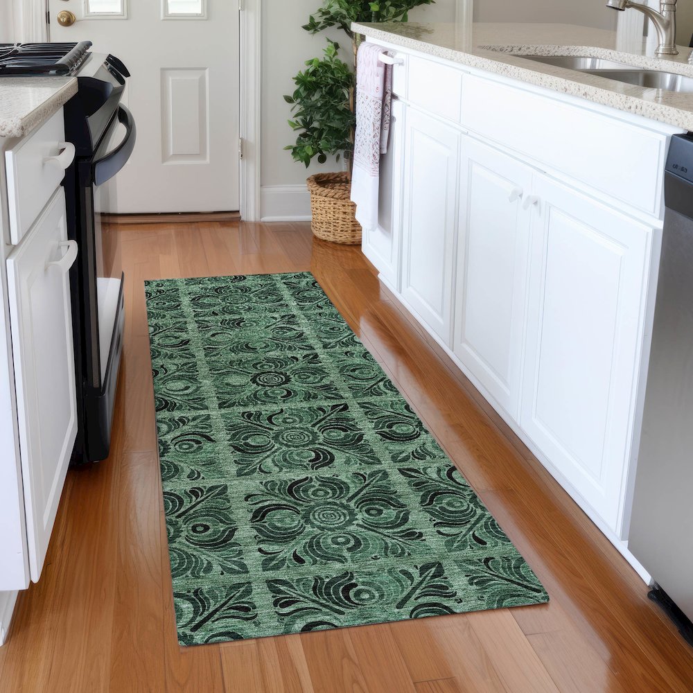 Premium Machine Washable Mayfield AMF853 Green 2'3" x 7'6" Runner Rug. Picture 5