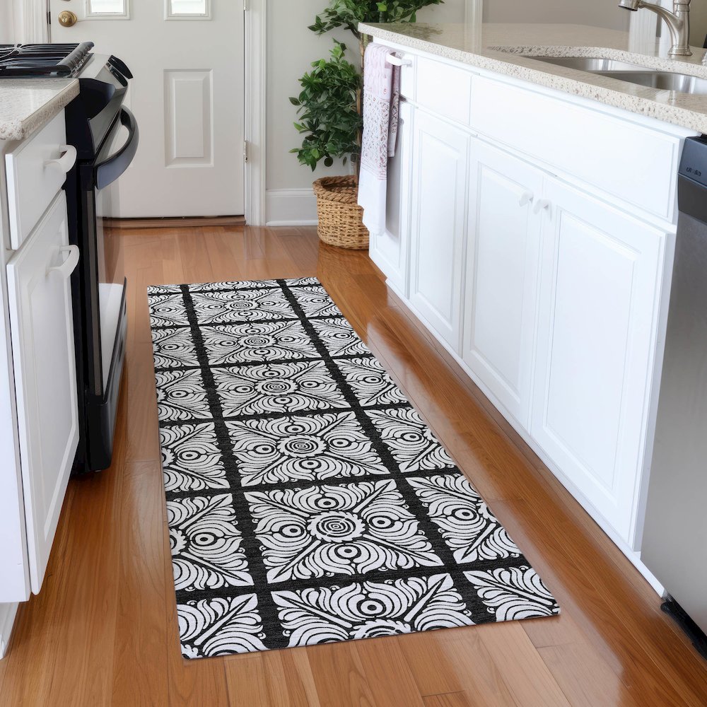 Premium Machine Washable Mayfield AMF854 Black 2'3" x 7'6" Runner Rug. Picture 5