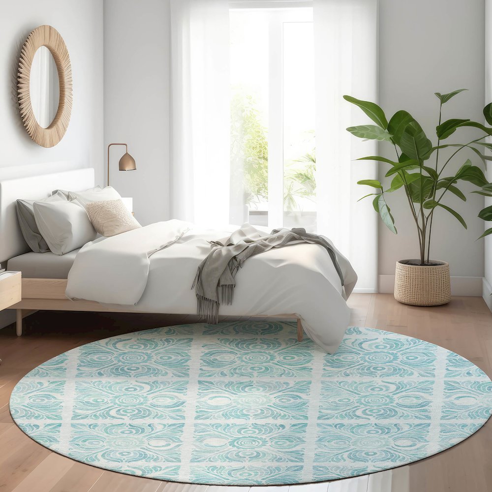 Premium Machine Washable Mayfield AMF854 Turquoise 8' x 8' Round Rug. Picture 5