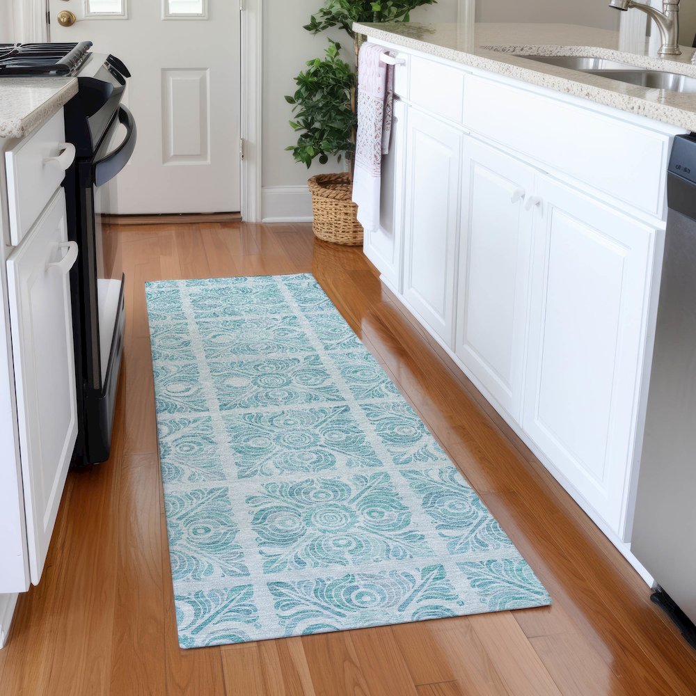 Premium Machine Washable Mayfield AMF854 Turquoise 2'3" x 7'6" Runner Rug. Picture 5