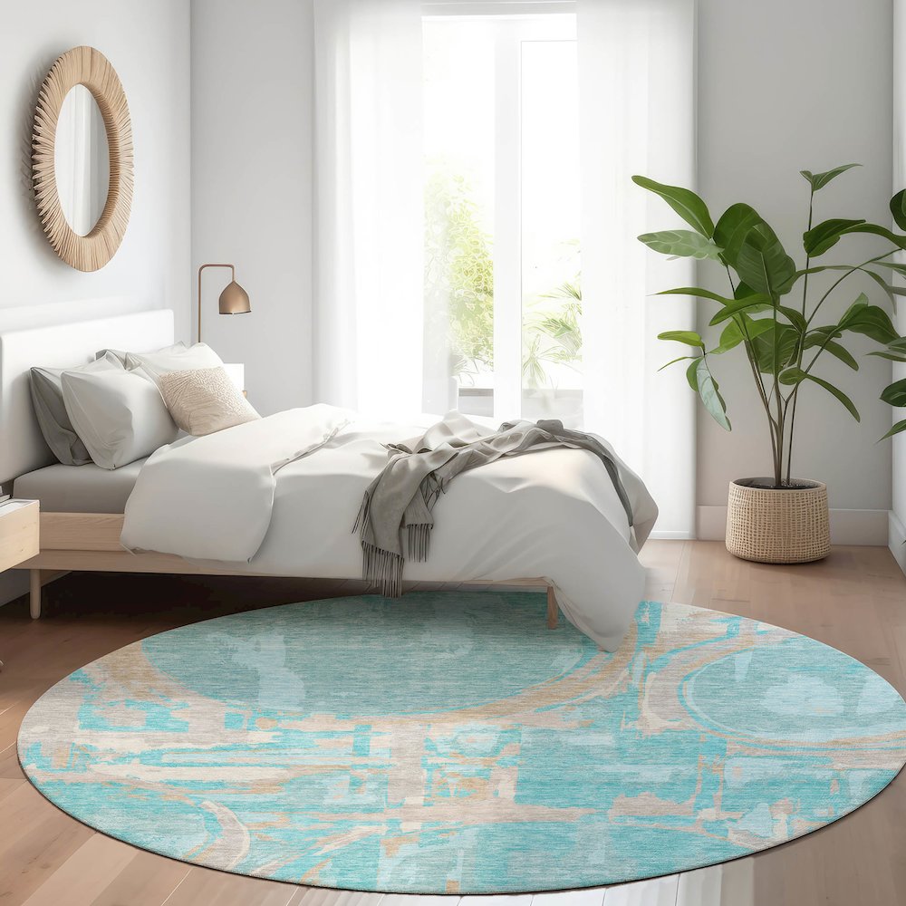 Premium Machine Washable Mayfield AMF855 Teal 8' x 8' Round Rug. Picture 5