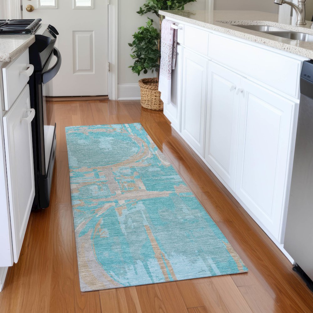 Premium Machine Washable Mayfield AMF855 Teal 2'3" x 7'6" Runner Rug. Picture 5