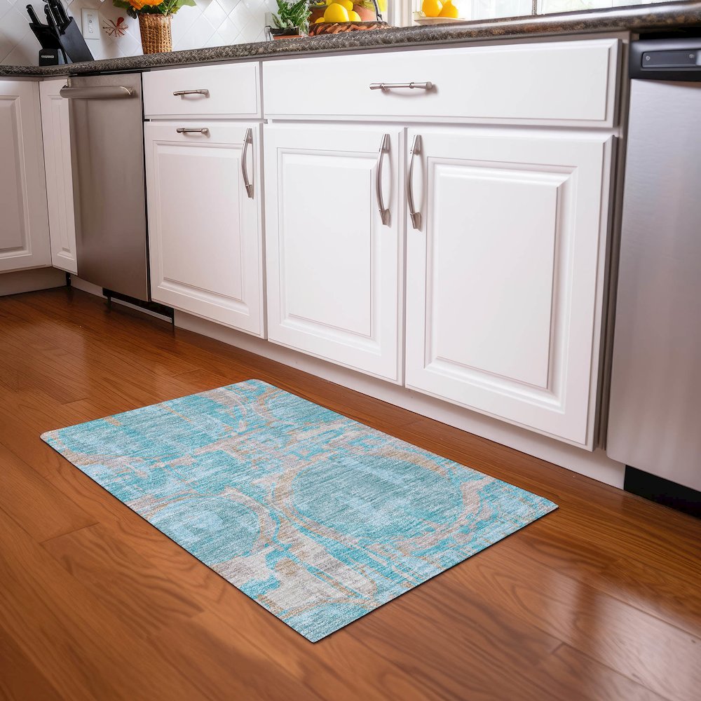 Premium Machine Washable Mayfield AMF855 Teal 1'8" x 2'6" Rug. Picture 5