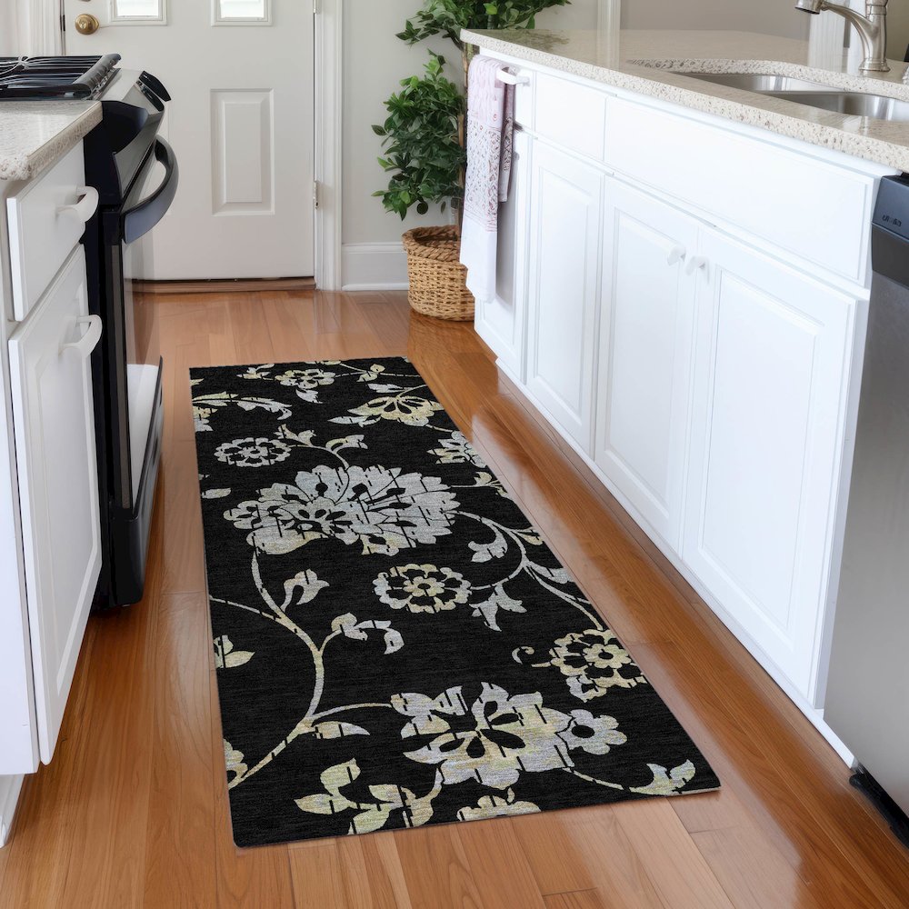 Premium Machine Washable Mayfield AMF856 Black 2'3" x 7'6" Runner Rug. Picture 5