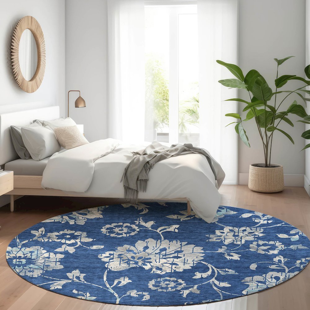 Premium Machine Washable Mayfield AMF856 Navy 8' x 8' Round Rug. Picture 5