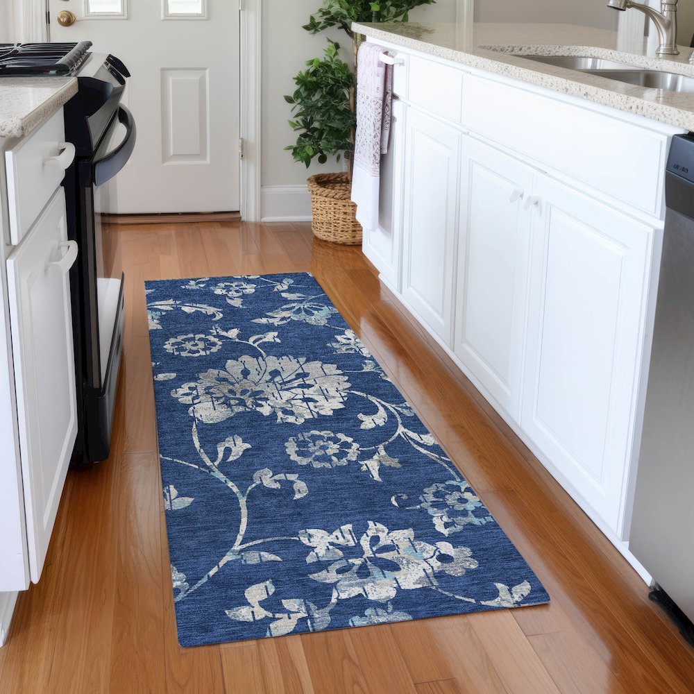 Premium Machine Washable Mayfield AMF856 Navy 2'3" x 7'6" Runner Rug. Picture 5